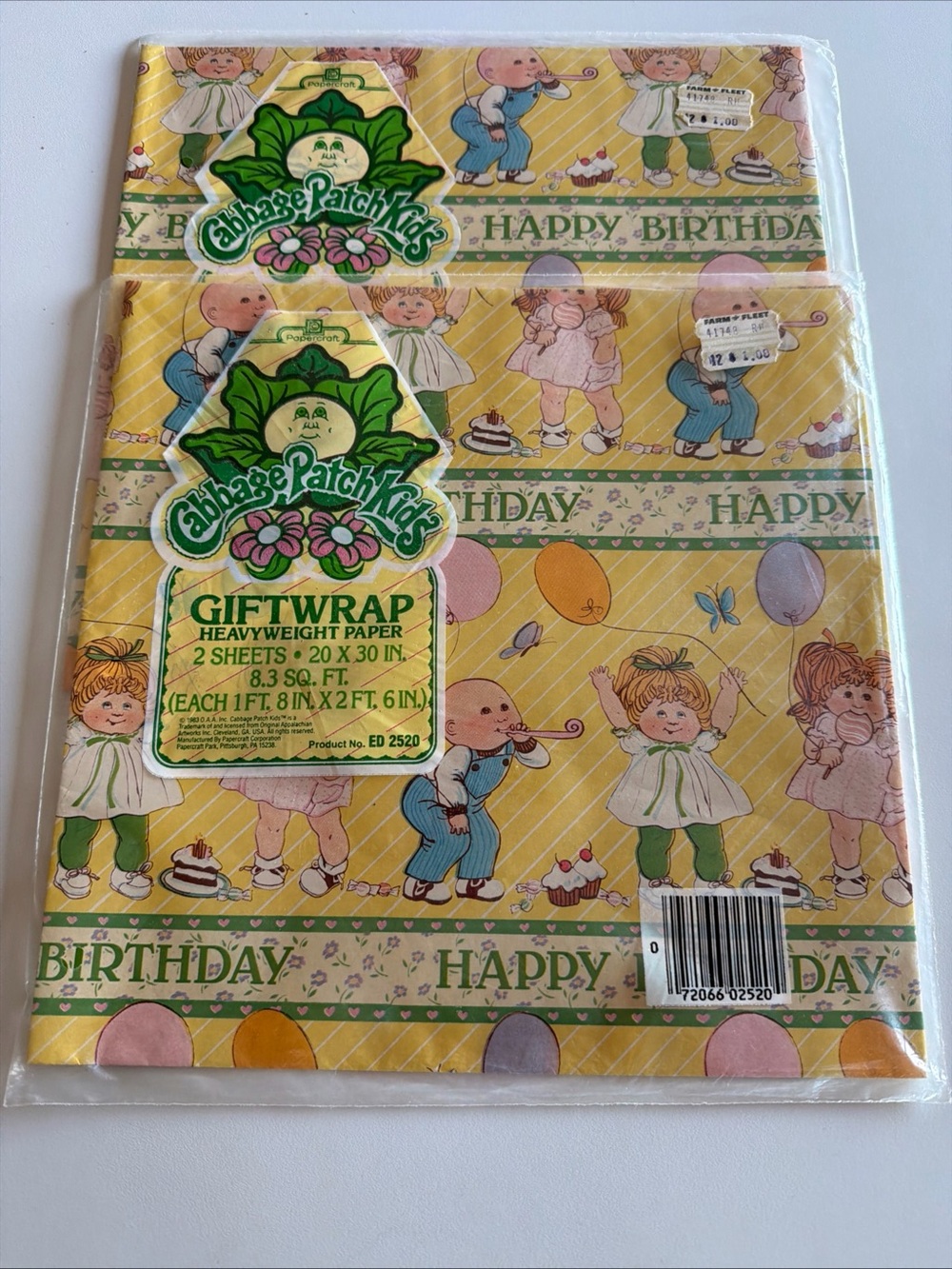 2 Pkgs Sealed CABBAGE PATCH KIDS 1983 Happy Birthday Heavyweight Gift Wrap NOS